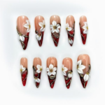 Bold Red Floral Press On Nails Red Nude Gradient Nails 3D White Floral & Gold Accents Statement Autumn Nails OB177EC