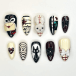 Creepy Cute Press On Nails Gothic Mask And Bunny Nail Art 3D Bow & Spiral Nails Handmade Halloween Nail Set OC1157BC