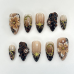 Jungle Safari Monkey Press On Nails 3D Flower & Leopard Print Nail Art Exotic Animal Nail Set Handmade Safari Nails OB1116K