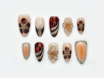 Autumn Tortoiseshell Blossom Press On Nails Brown Nude Gradient Nail Art 3D Floral & Metallic Accents Elegant Long Nail Set OB178EC