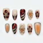 Autumn Tortoiseshell Blossom Press On Nails Brown Nude Gradient Nail Art 3D Floral & Metallic Accents Elegant Long Nail Set OB178EC