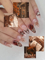 Autumn Tortoiseshell Blossom Press On Nails Brown Nude Gradient Nail Art 3D Floral & Metallic Accents Elegant Long Nail Set OB178EC - Image 2