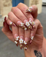 Bold Red Floral Press On Nails Red Nude Gradient Nails 3D White Floral & Gold Accents Statement Autumn Nails OB177EC - Image 2