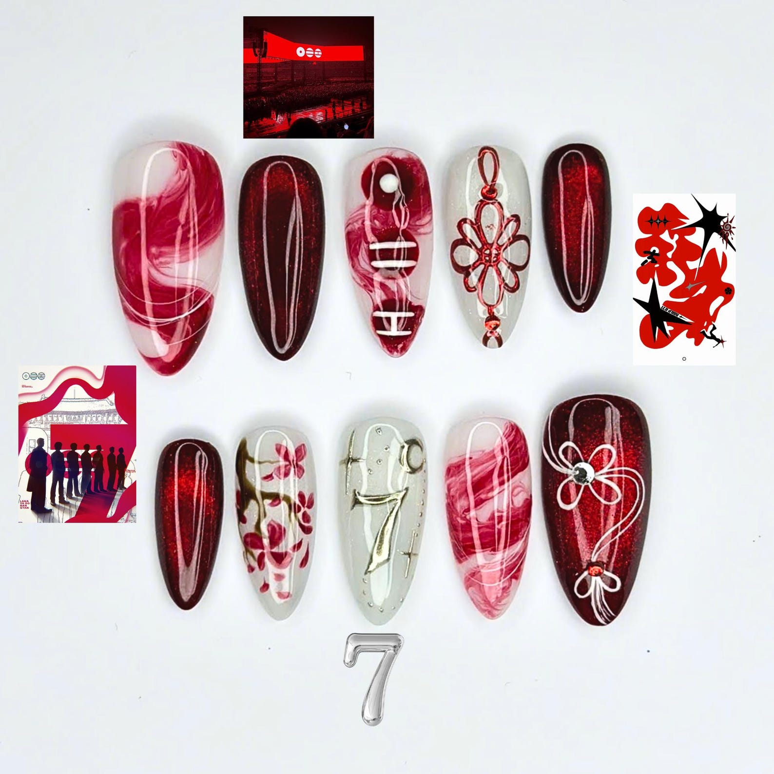 bts.png Kpop Concert Press On Nails, Concertcore Nails, Burgundy Chrome Nails, Idol Inspired Press On Nails, Stage Performance Nail Art, OC452UC - Image 1